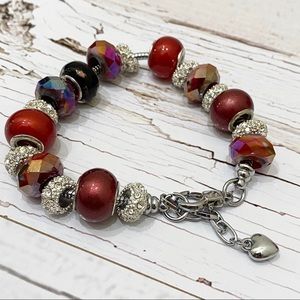 Red/Silver Beaded Charm Bracelet